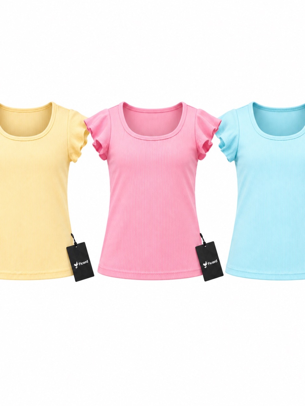 Ficerd Girls 7-8Y Ribbed Flutter Sleeve Shirts 3-Pack Pink Blue Yellow NWT